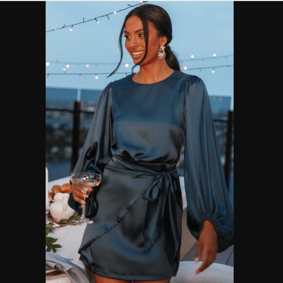 Petal & Pup Opal Navy Blue Satin Long Balloon Sleeve Wrap Mini Dress 4 - Picture 1 of 16